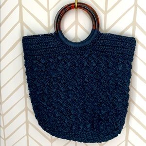 J Crew  Navy Straw/Knit Bag with Tortoise Handles